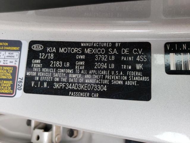 3KPF34AD3KE073304 - 2019 KIA FORTE GT LINE SILVER photo 12