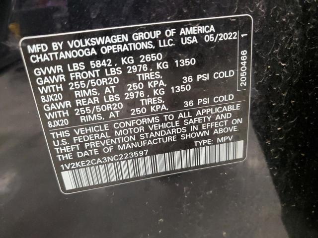 1V2KE2CA3NC223597 - 2022 VOLKSWAGEN ATLAS CROS SE BLACK photo 14