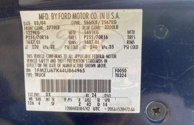 1FMZU67K44UB64965 - 2004 FORD EXPLORER S BLUE photo 10