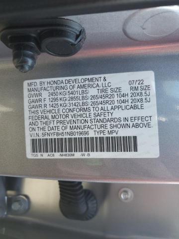 5FNYF8H51NB019696 - 2022 HONDA PASSPORT EXL GRAY photo 14