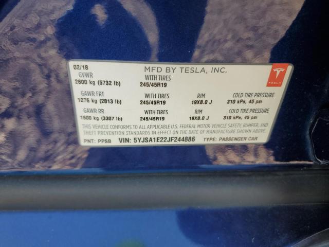 5YJSA1E22JF244886 - 2018 TESLA MODEL S ლურჯი ფოტო 12