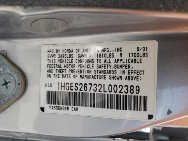 1HGES26732L002389 - 2002 HONDA CIVIC EX SILVER photo 12