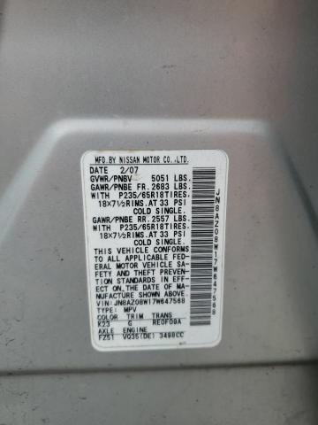 JN8AZ08W17W647568 - 2007 NISSAN MURANO SL SILVER photo 13