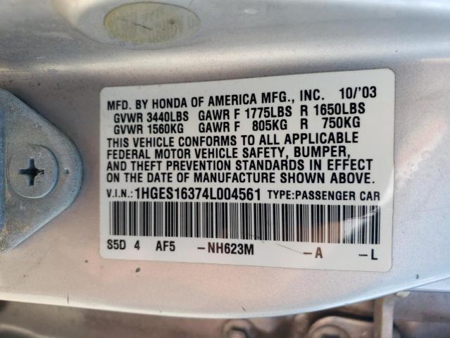 1HGES16374L004561 - 2004 HONDA CIVIC DX VP SILVER photo 12