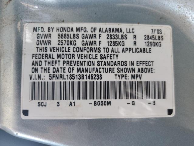 5FNRL18513B146238 - 2003 HONDA ODYSSEY LX BLUE photo 12