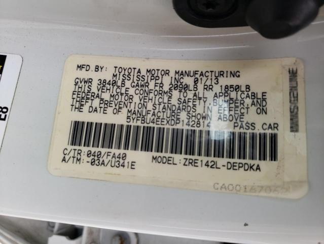 5YFBU4EEXDP142814 - 2013 TOYOTA COROLLA BASE WHITE photo 10