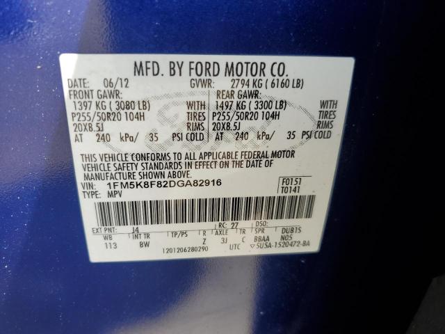 1FM5K8F82DGA82916 - 2013 FORD EXPLORER LIMITED BLUE photo 12