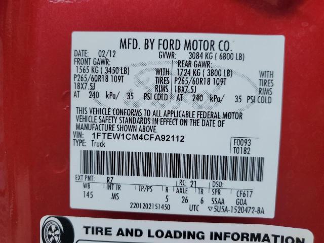 1FTEW1CM4CFA92112 - 2012 FORD F150 SUPERCREW RED photo 12