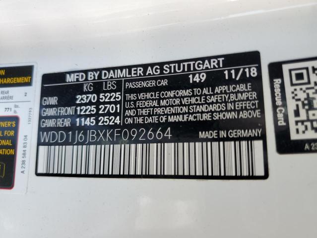 WDD1J6JBXKF092664 - 2019 MERCEDES-BENZ E 450 4MATIC WHITE photo 12