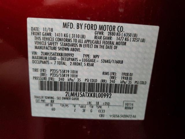 2LMHJ5ATXKBL00992 - 2019 LINCOLN MKT BURGUNDY photo 13