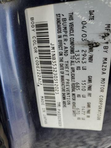 JM1NB353230312023 - 2003 MAZDA MX-5 MIATA BASE BLUE photo 12