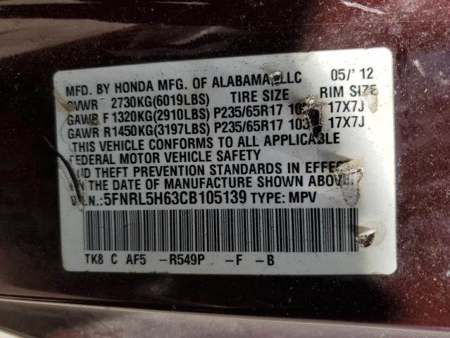5FNRL5H63CB105139 - 2012 HONDA ODYSSEY EXL BURGUNDY photo 13