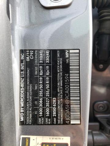 4JGDA5HB9CA001594 - 2012 MERCEDES-BENZ ML 350 4MATIC GRAY photo 12