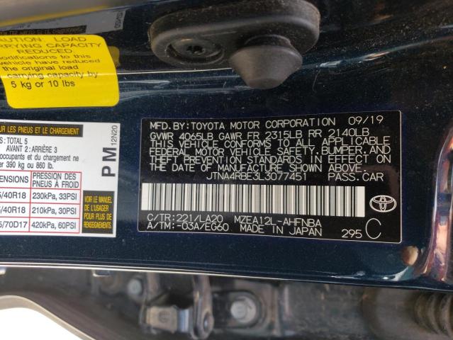 JTNA4RBE3L3077451 - 2020 TOYOTA COROLLA XSE BLUE photo 12