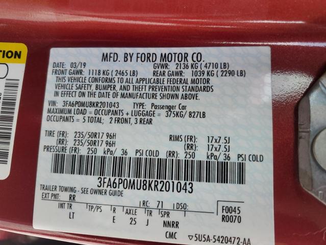 3FA6P0MU8KR201043 - 2019 FORD FUSION SEL RED photo 12