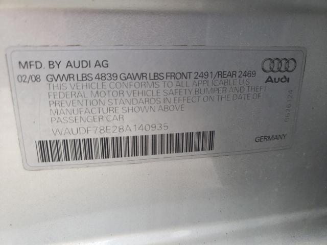 WAUDF78E28A140935 - 2008 AUDI A4 2.0T QUATTRO SILVER photo 12