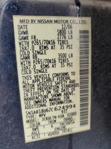 5N1AR18U67C624994 - 2007 NISSAN PATHFINDER LE أزرق صورة 14