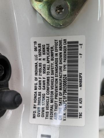 19XFC1F79KE008524 - 2019 HONDA CIVIC EXL 白色 照片 13