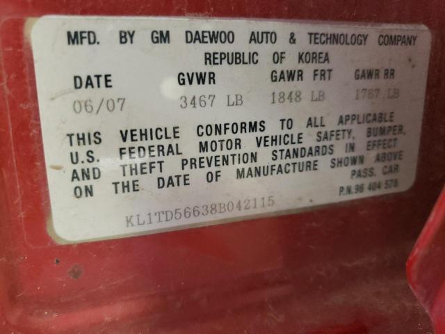 KL1TD56638B042115 - 2008 CHEVROLET AVEO BASE RED photo 12