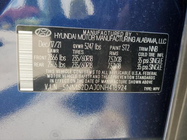 5NMS2DAJ0NH418924 - 2022 HYUNDAI SANTA FE SEL BLUE photo 12