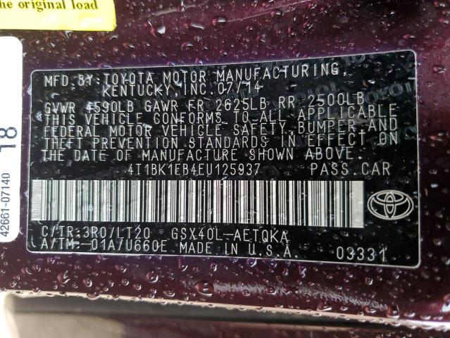 4T1BK1EB4EU125937 - 2014 TOYOTA AVALON BASE 紫色 照片 13