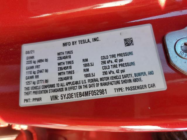 5YJ3E1EB4MF052981 - 2021 TESLA MODEL 3 წითელი ფოტო 12
