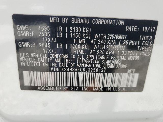 4S4BSAFC6J3250137 - 2018 SUBARU OUTBACK 2.5I PREMIUM WHITE photo 14