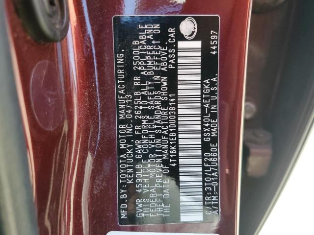 4T1BK1EB1DU038141 - 2013 TOYOTA AVALON BASE BURGUNDY photo 12