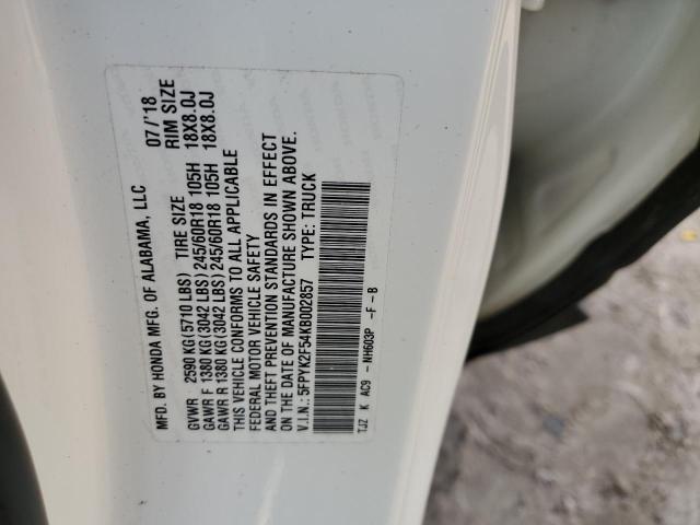 5FPYK2F54KB002857 - 2019 HONDA RIDGELINE RTL WHITE photo 13