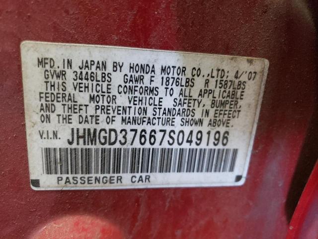 JHMGD37667S049196 - 2007 HONDA FIT S 红色 照片 12