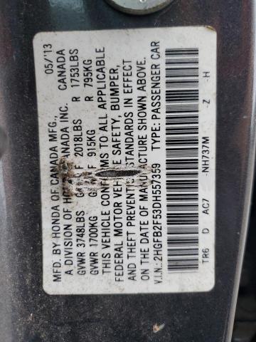 2HGFB2F53DH557359 - 2013 HONDA CIVIC LX GRAY photo 14