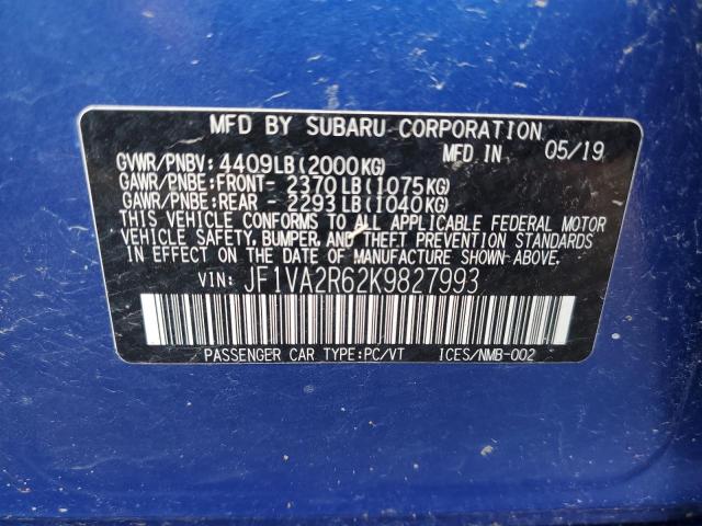 JF1VA2R62K9827993 - 2019 SUBARU WRX STI BLUE photo 13