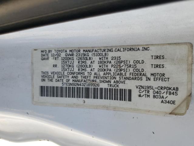 5TESN92N43Z189926 - 2003 TOYOTA TACOMA XTRACAB PRERUNNER 白色 照片 12