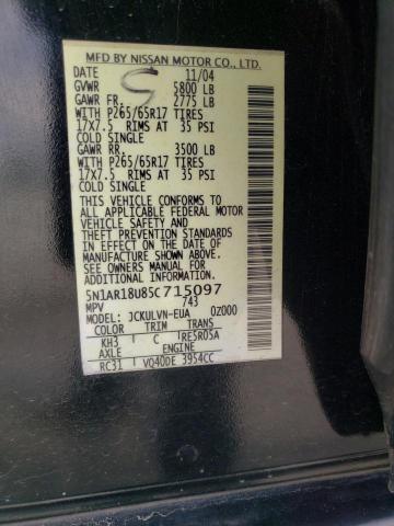 5N1AR18U85C715097 - 2005 NISSAN PATHFINDER LE BLACK photo 13