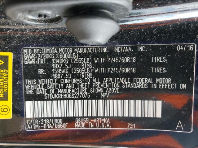 5TDJKRFH0GS277075 - 2016 TOYOTA HIGHLANDER XLE BLACK photo 14