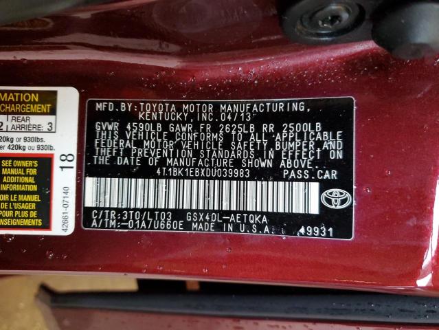 4T1BK1EBXDU039983 - 2013 TOYOTA AVALON BASE 栗色 照片 12