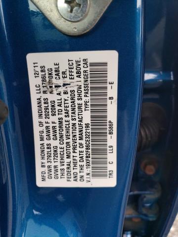 19XFB2F86CE322196 - 2012 HONDA CIVIC EX BLUE photo 12