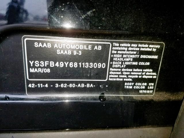 YS3FB49Y681133090 - 2008 SAAB 9-3 2.0T  photo 10