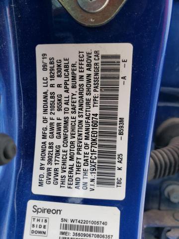19XFC1F70KE016074 - 2019 HONDA CIVIC EXL ლურჯი ფოტო 12