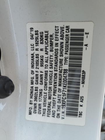 19XFC1F71KE004788 - 2019 HONDA CIVIC EXL 白色 照片 12
