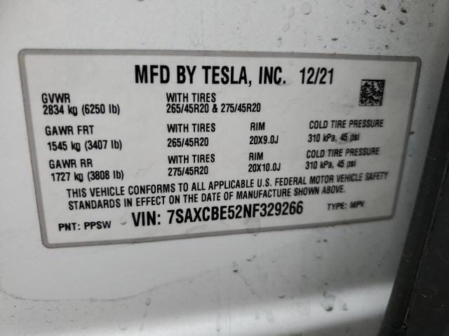 7SAXCBE52NF329266 - 2022 TESLA MODEL X WHITE photo 14