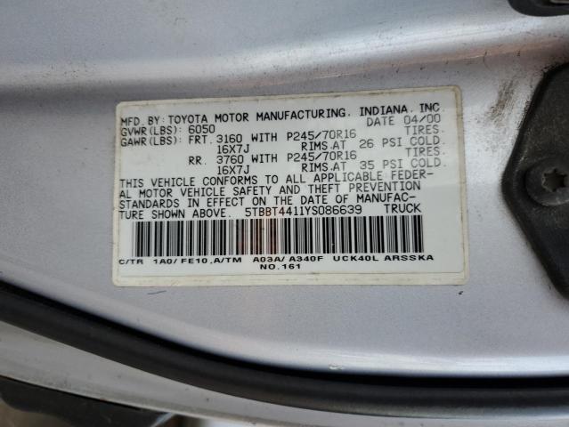 5TBBT4411YS086639 - 2000 TOYOTA TUNDRA ACCESS CAB 银色 照片 12