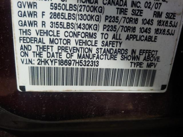 2HKYF18697H532313 - 2007 HONDA PILOT EXL MAROON photo 10