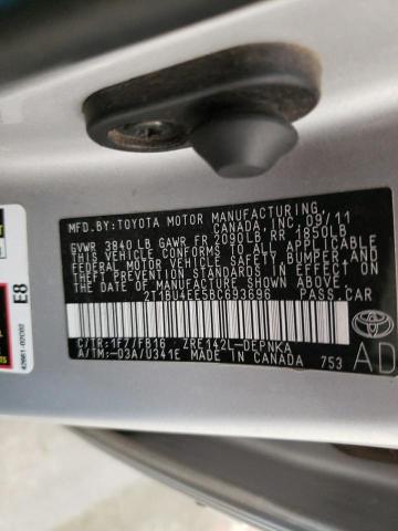 2T1BU4EE5BC693696 - 2011 TOYOTA COROLA BASE SILVER photo 12