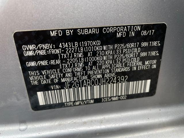 JF2GTABC0JH224392 - 2018 SUBARU CROSSTREK PREMIUM SILVER photo 10