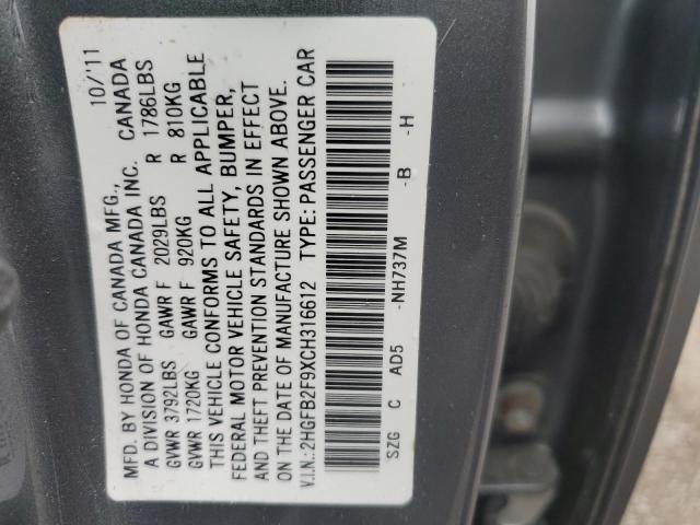 2HGFB2F9XCH316612 - 2012 HONDA CIVIC EXL Boz foto 12