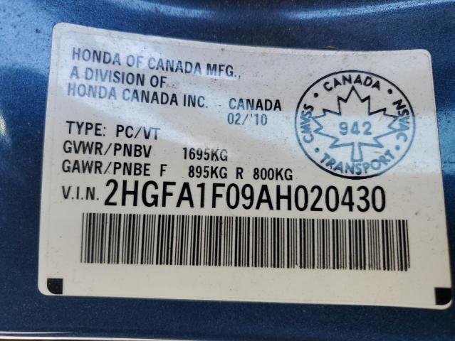 2HGFA1F09AH020430 - 2010 HONDA CIVIC EXL ლურჯი ფოტო 13