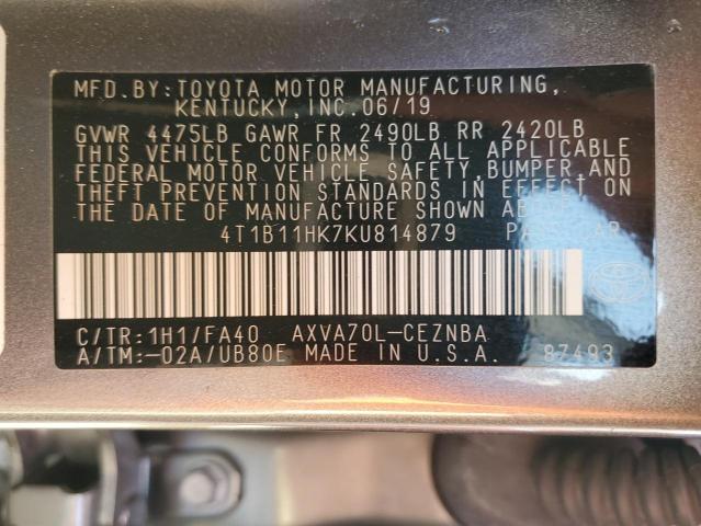 4T1B11HK7KU814879 - 2019 TOYOTA CAMRY L GRAY photo 12