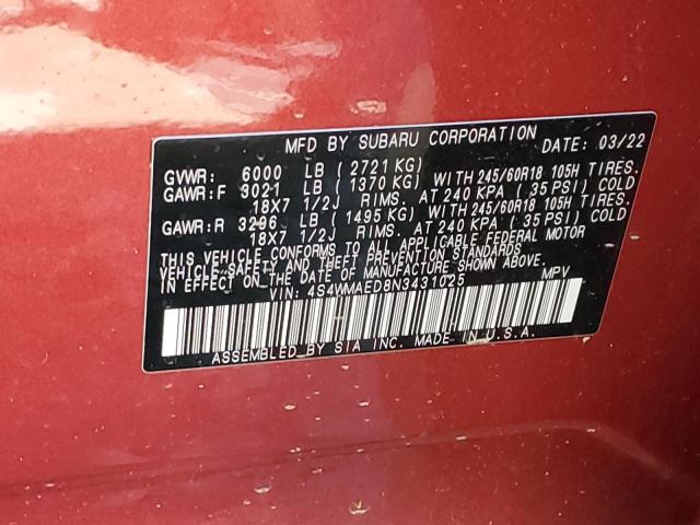 4S4WMAED8N3431025 - 2022 SUBARU ASCENT PREMIUM RED photo 12