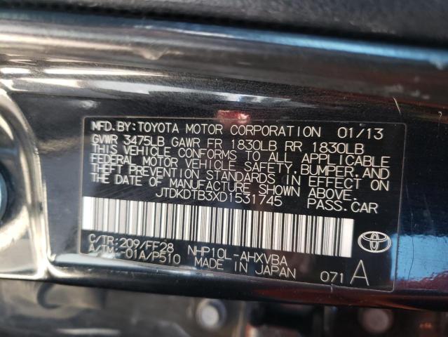 JTDKDTB3XD1531745 - 2013 TOYOTA PRIUS C BLACK photo 12